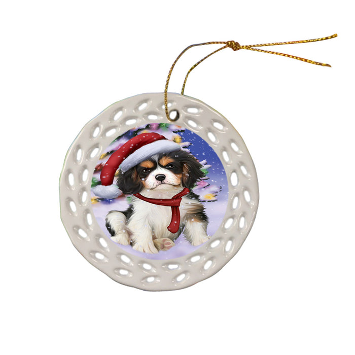 Winterland Wonderland Cavalier King Charles Spaniel Dog In Christmas Holiday Scenic Background  Ceramic Doily Ornament DPOR53377
