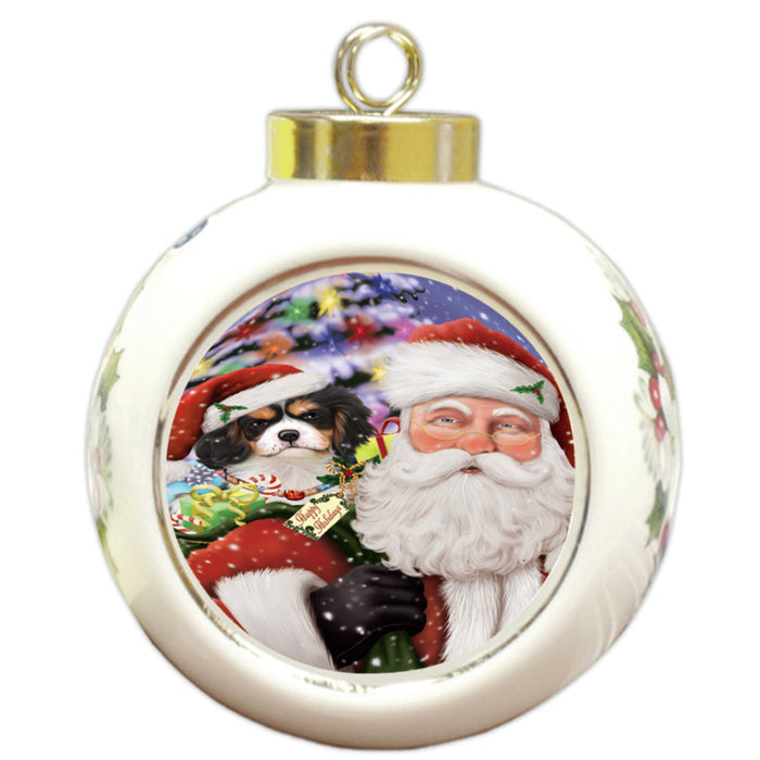 Santa Carrying Cavalier King Charles Spaniel Dog and Christmas Presents Round Ball Christmas Ornament RBPOR53975