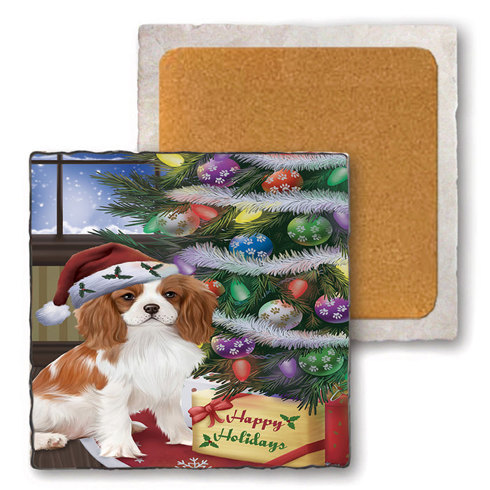 Christmas Happy Holidays Cavalier King Charles Spaniel Dog with Tree and Presents Set of 4 Natural Stone Marble Tile Coasters MCST48816