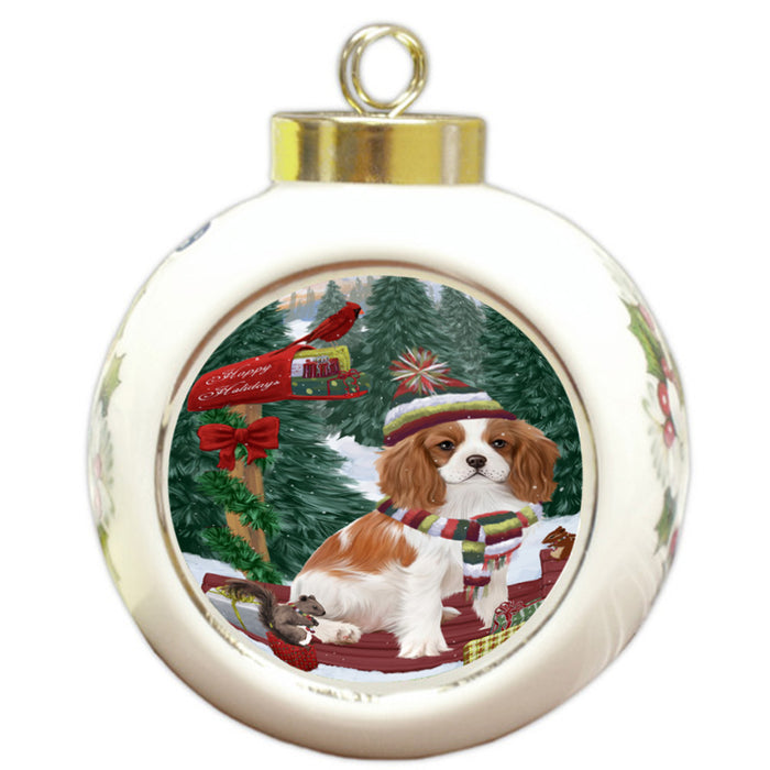 Merry Christmas Woodland Sled Cavalier King Charles Spaniel Dog Round Ball Christmas Ornament RBPOR55244