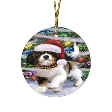 Trotting in the Snow Cavalier King Charles Spaniel Dog Round Flat Christmas Ornament RFPOR55786