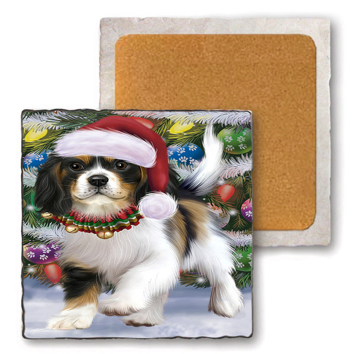Trotting in the Snow Cavalier King Charles Spaniel Dog Set of 4 Natural Stone Marble Tile Coasters MCST50430