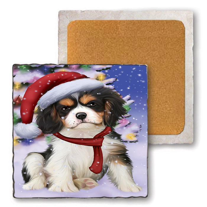 Winterland Wonderland Cavalier King Charles Spaniel Dog In Christmas Holiday Scenic Background  Set of 4 Natural Stone Marble Tile Coasters MCST48377