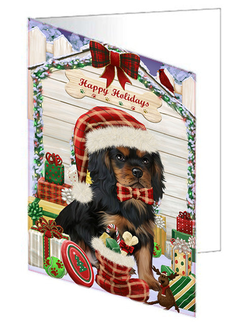 Happy Holidays Christmas Cavalier King Charles Spaniel Dog House with Presents Handmade Artwork Assorted Pets Greeting Cards and Note Cards with Envelopes for All Occasions and Holiday Seasons GCD58187