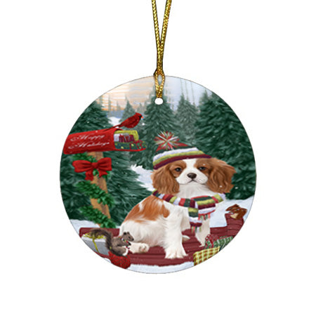 Merry Christmas Woodland Sled Cavalier King Charles Spaniel Dog Round Flat Christmas Ornament RFPOR55244