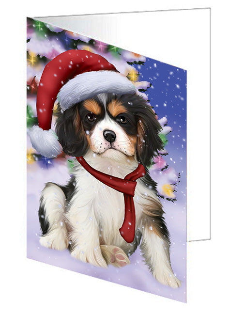 Winterland Wonderland Cavalier King Charles Spaniel Dog In Christmas Holiday Scenic Background  Handmade Artwork Assorted Pets Greeting Cards and Note Cards with Envelopes for All Occasions and Holiday Seasons GCD64160