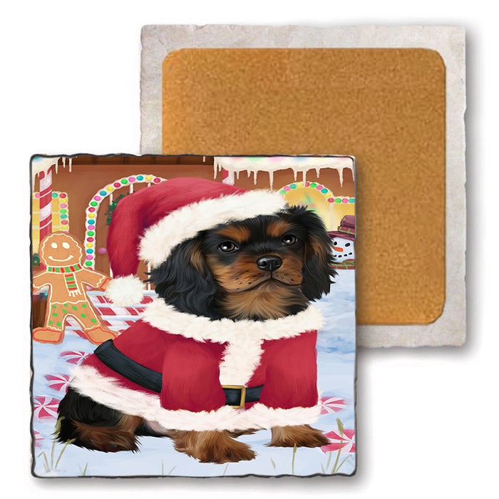 Christmas Gingerbread House Candyfest Cavalier King Charles Spaniel Dog Set of 4 Natural Stone Marble Tile Coasters MCST51296