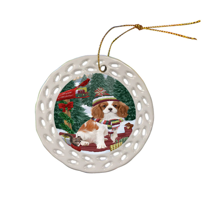Merry Christmas Woodland Sled Cavalier King Charles Spaniel Dog Ceramic Doily Ornament DPOR55244