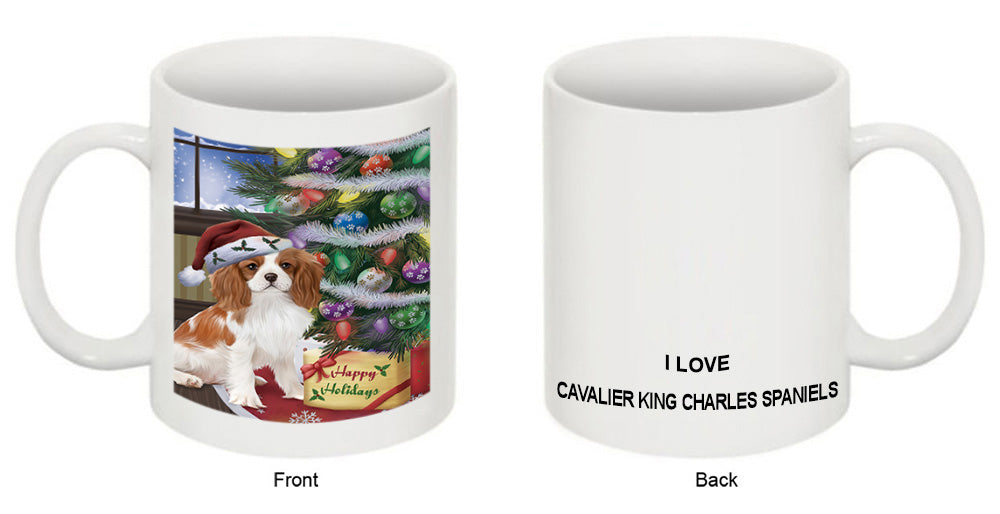 Christmas Happy Holidays Cavalier King Charles Spaniel Dog with Tree and Presents Coffee Mug MUG49214