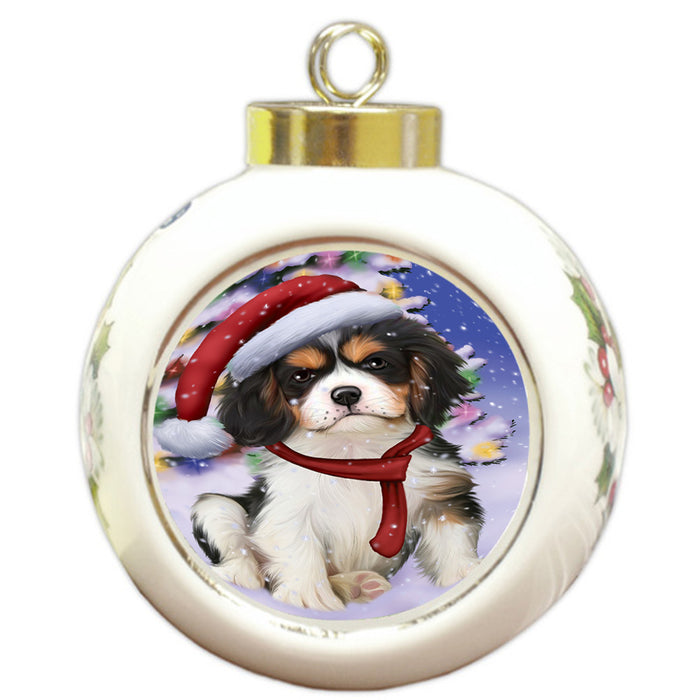 Winterland Wonderland Cavalier King Charles Spaniel Dog In Christmas Holiday Scenic Background  Round Ball Christmas Ornament RBPOR53377