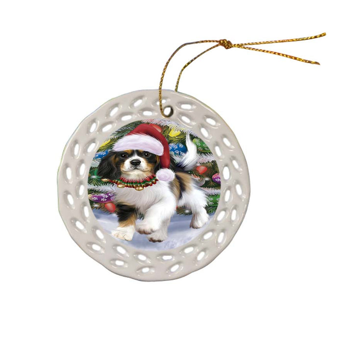 Trotting in the Snow Cavalier King Charles Spaniel Dog Ceramic Doily Ornament DPOR55786