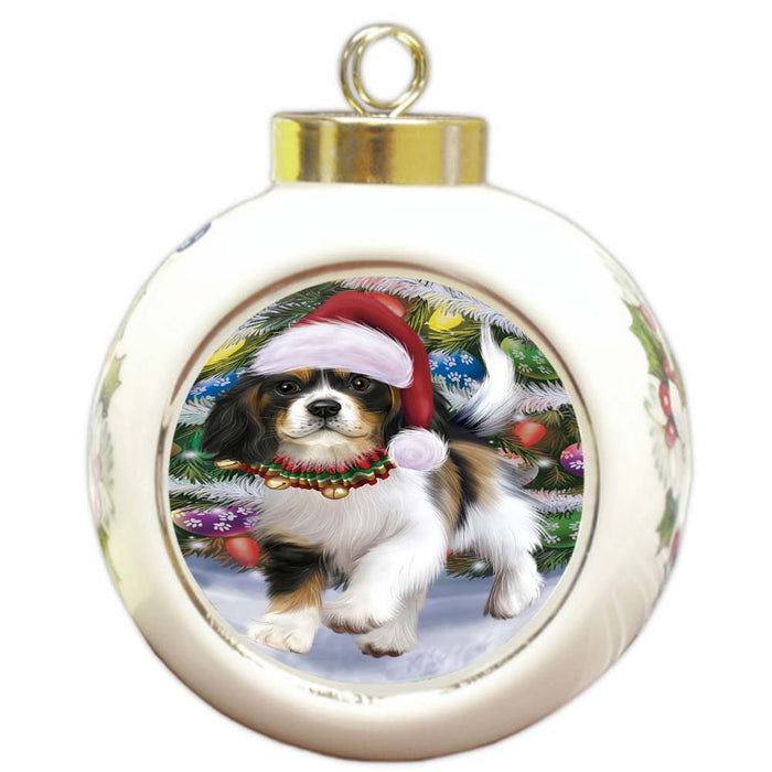 Trotting in the Snow Cavalier King Charles Spaniel Dog Round Ball Christmas Ornament RBPOR55786