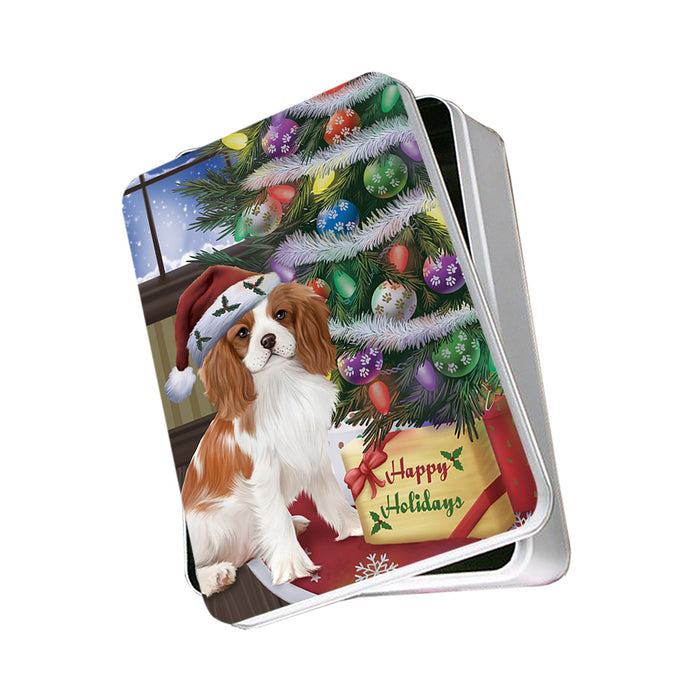 Christmas Happy Holidays Cavalier King Charles Spaniel Dog with Tree and Presents Photo Storage Tin PITN53759