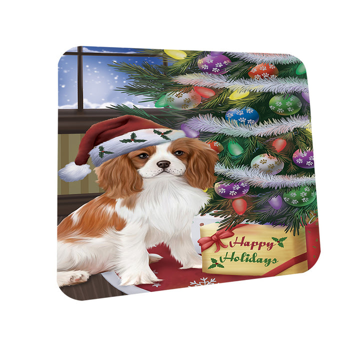 Christmas Happy Holidays Cavalier King Charles Spaniel Dog with Tree and Presents Coasters Set of 4 CST53774