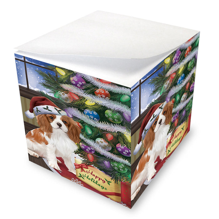 Christmas Happy Holidays Cavalier King Charles Spaniel Dog with Tree and Presents Note Cube NOC55462