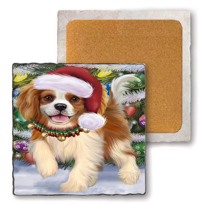 Trotting in the Snow Cavalier King Charles Spaniel Dog Set of 4 Natural Stone Marble Tile Coasters MCST50431
