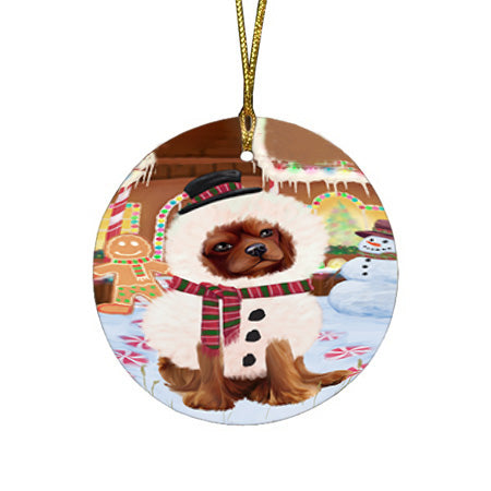 Christmas Gingerbread House Candyfest Cavalier King Charles Spaniel Dog Round Flat Christmas Ornament RFPOR56653