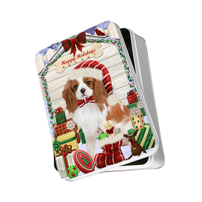 Happy Holidays Christmas Cavalier King Charles Spaniel Dog House with Presents Photo Storage Tin PITN51387