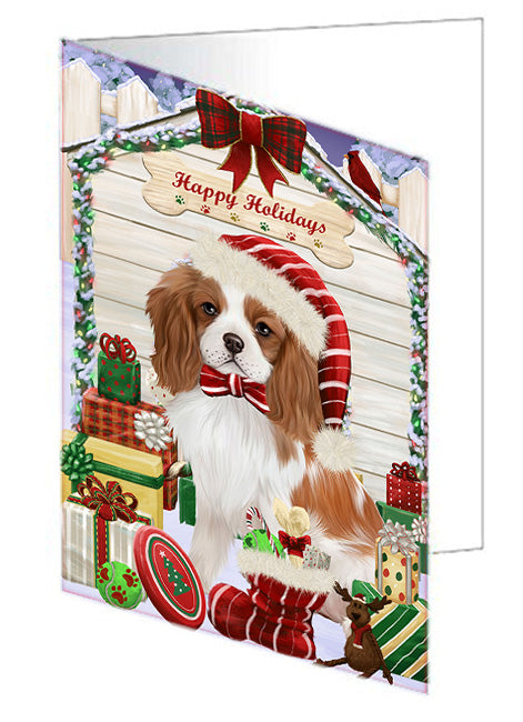 Happy Holidays Christmas Cavalier King Charles Spaniel Dog House with Presents Handmade Artwork Assorted Pets Greeting Cards and Note Cards with Envelopes for All Occasions and Holiday Seasons GCD58190