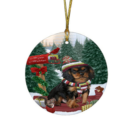 Merry Christmas Woodland Sled Cavalier King Charles Spaniel Dog Round Flat Christmas Ornament RFPOR55245