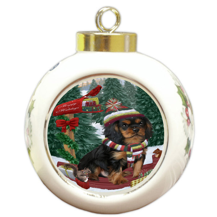 Merry Christmas Woodland Sled Cavalier King Charles Spaniel Dog Round Ball Christmas Ornament RBPOR55245