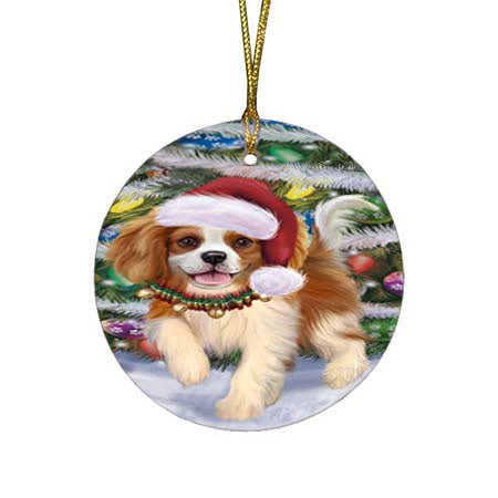 Trotting in the Snow Cavalier King Charles Spaniel Dog Round Flat Christmas Ornament RFPOR55787