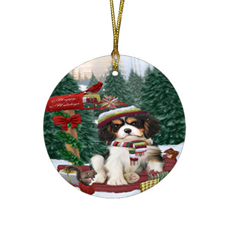 Merry Christmas Woodland Sled Cavalier King Charles Spaniel Dog Round Flat Christmas Ornament RFPOR55246