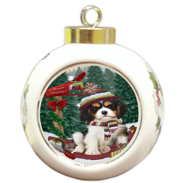 Merry Christmas Woodland Sled Cavalier King Charles Spaniel Dog Round Ball Christmas Ornament RBPOR55246