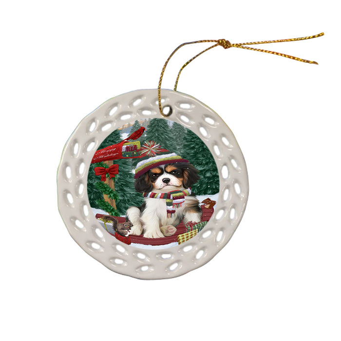 Merry Christmas Woodland Sled Cavalier King Charles Spaniel Dog Ceramic Doily Ornament DPOR55246