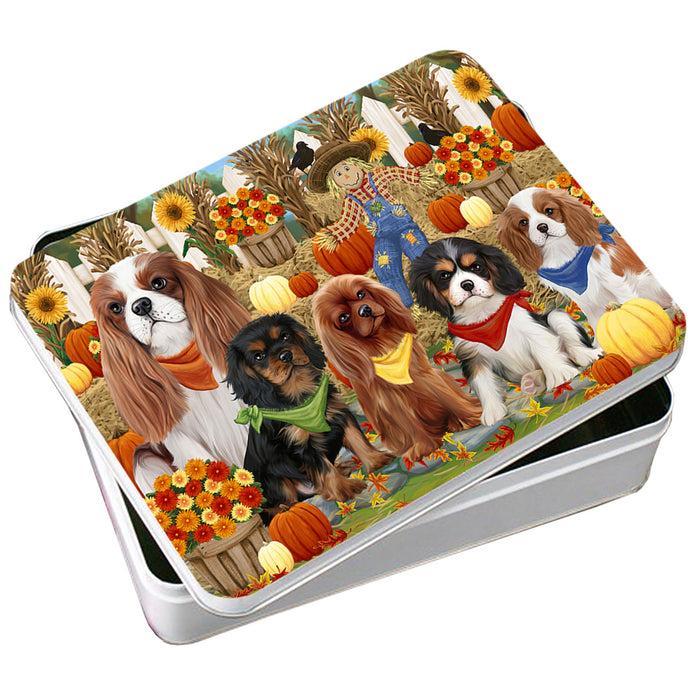 Fall Festive Gathering Cavalier King Charles Spaniels Dog with Pumpkins Photo Storage Tin PITN50635