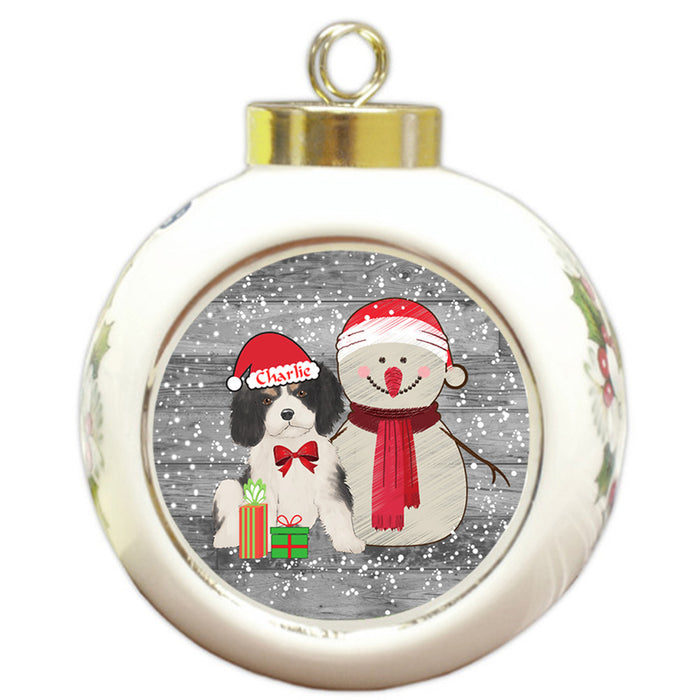 Custom Personalized Snowy Snowman and Cavalier King Charles Spaniel Dog Christmas Round Ball Ornament