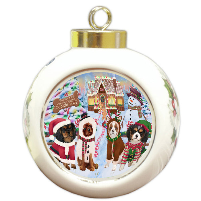 Holiday Gingerbread Cookie Shop Cavalier King Charles Spaniels Dog Round Ball Christmas Ornament RBPOR56746