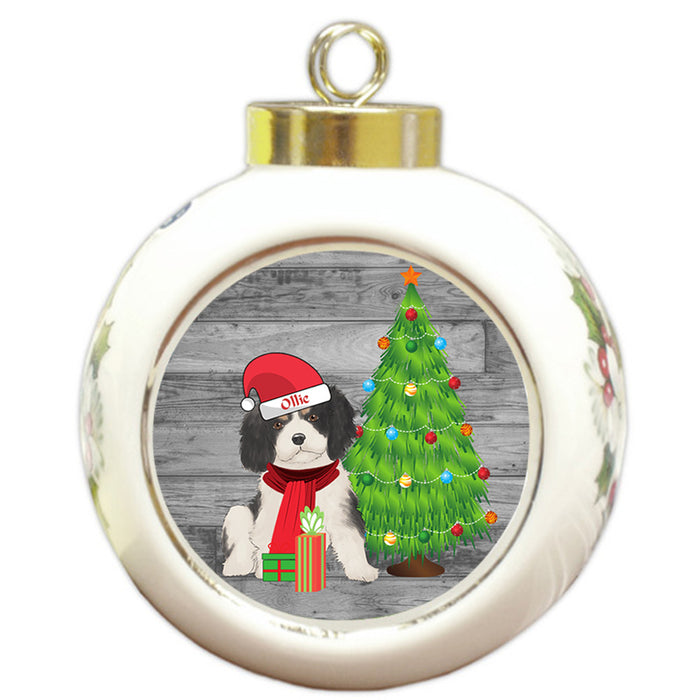 Custom Personalized Cavalier King Charles Spaniel Dog With Tree and Presents Christmas Round Ball Ornament