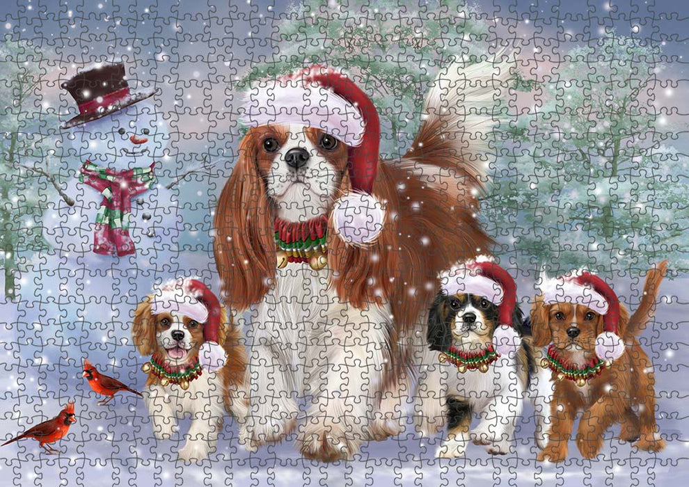 Christmas Running Family Cavalier King Charles Spaniels Dog Puzzle with Photo Tin PUZL90068