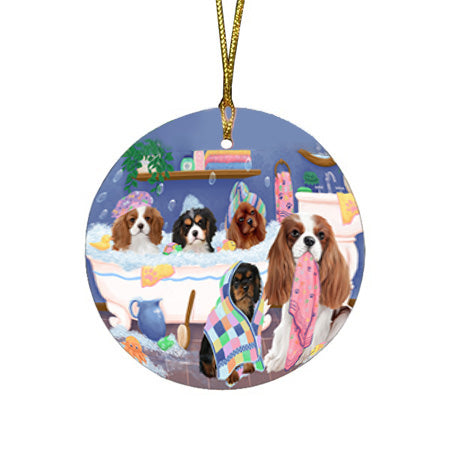 Rub A Dub Dogs In A Tub Cavalier King Charles Spaniels Dog Round Flat Christmas Ornament RFPOR57134