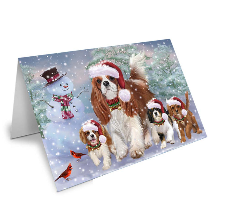 Christmas Running Family Cavalier King Charles Spaniels Dog Handmade Artwork Assorted Pets Greeting Cards and Note Cards with Envelopes for All Occasions and Holiday Seasons GCD70913