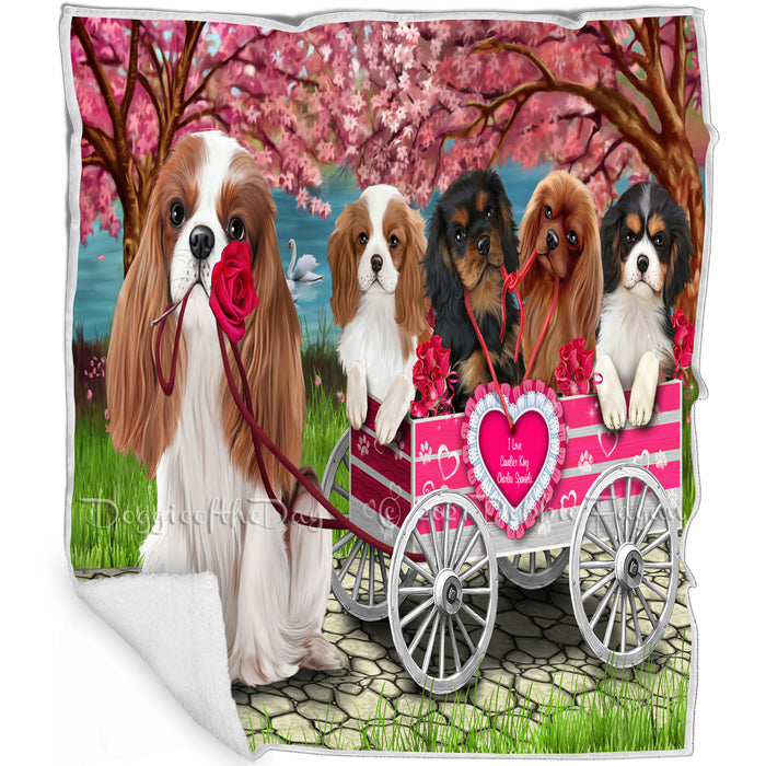 I Love Cavalier King Charles Spaniel Dogs in a Cart Art Portrait Print Woven Throw Sherpa Plush Fleece Blanket