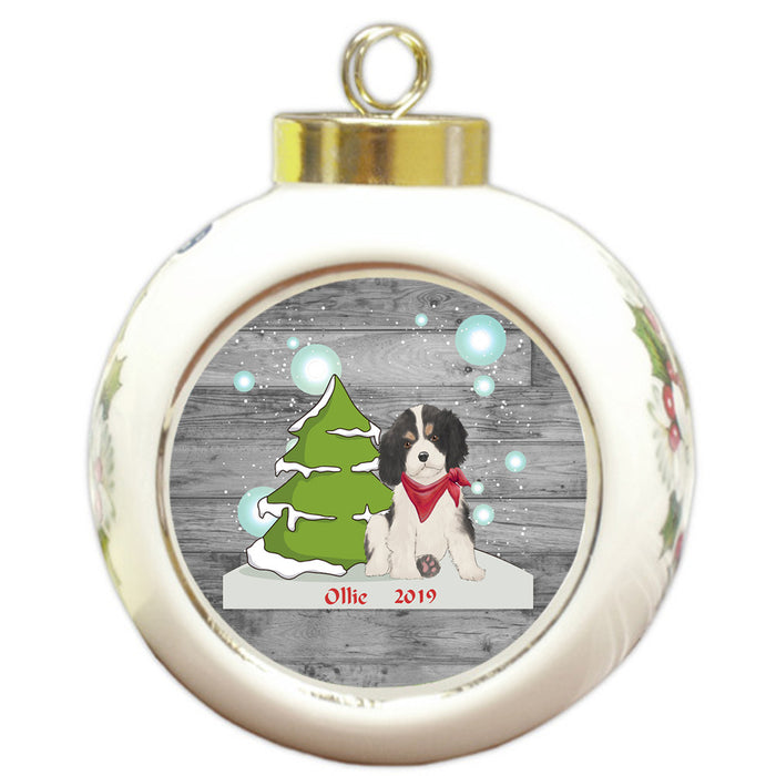Custom Personalized Winter Scenic Tree and Presents Cavalier King Charles Spaniel Dog Christmas Round Ball Ornament