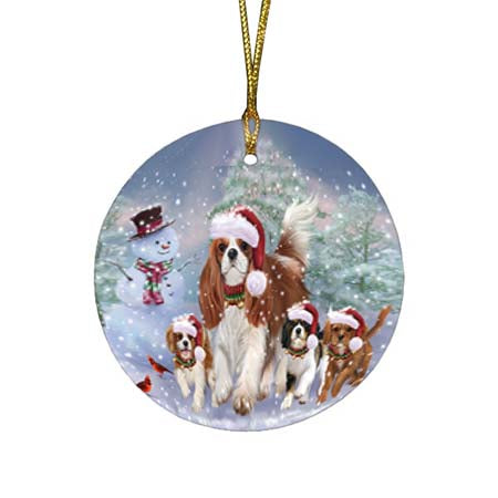 Christmas Running Family Cavalier King Charles Spaniels Dog Round Flat Christmas Ornament RFPOR55822