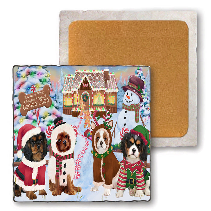 Holiday Gingerbread Cookie Shop Cavalier King Charles Spaniels Dog Set of 4 Natural Stone Marble Tile Coasters MCST51390