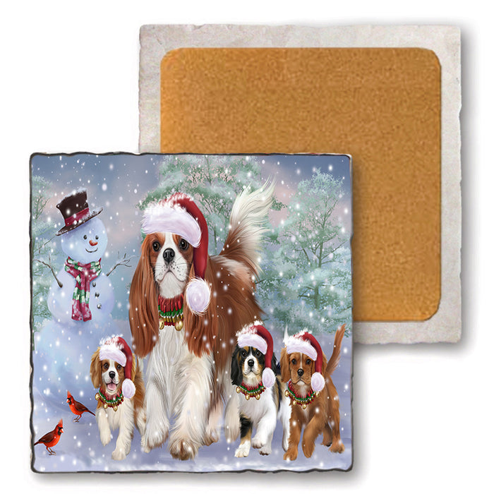 Christmas Running Family Cavalier King Charles Spaniels Dog Set of 4 Natural Stone Marble Tile Coasters MCST50466