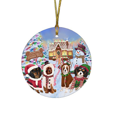 Holiday Gingerbread Cookie Shop Cavalier King Charles Spaniels Dog Round Flat Christmas Ornament RFPOR56746