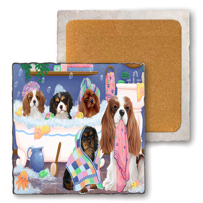 Rub A Dub Dogs In A Tub Cavalier King Charles Spaniels Dog Set of 4 Natural Stone Marble Tile Coasters MCST51778