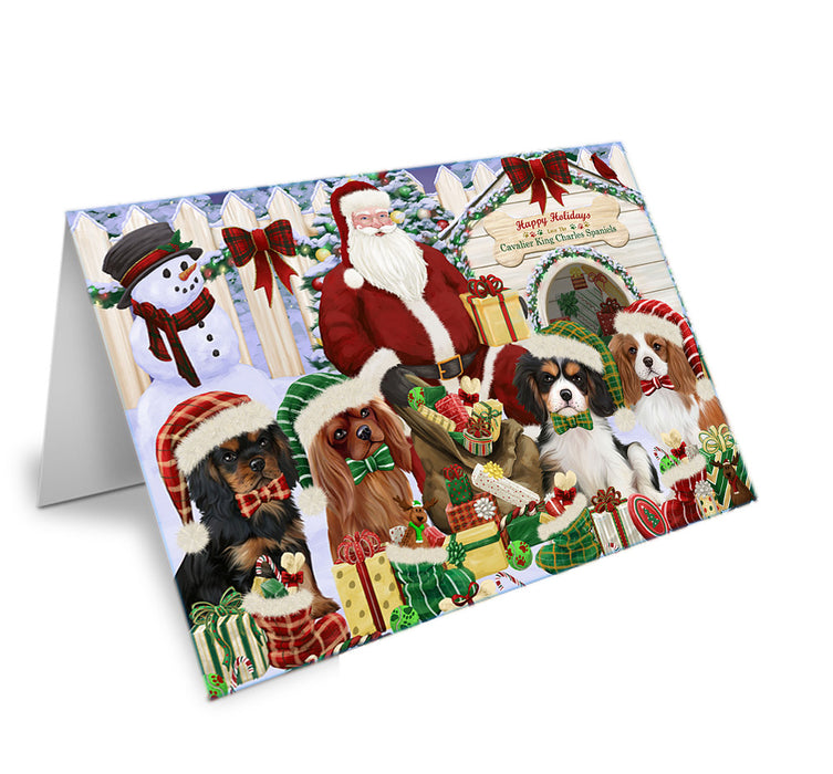 Happy Holidays Christmas Cavalier King Charles Spaniels Dog House Gathering Handmade Artwork Assorted Pets Greeting Cards and Note Cards with Envelopes for All Occasions and Holiday Seasons GCD58361
