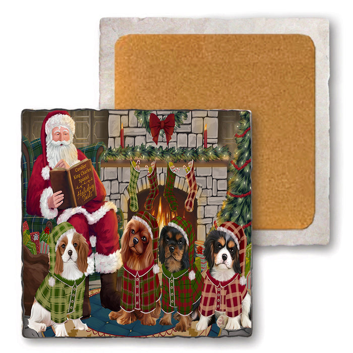 Christmas Cozy Holiday Tails Cavalier King Charles Spaniels Dog Set of 4 Natural Stone Marble Tile Coasters MCST50114