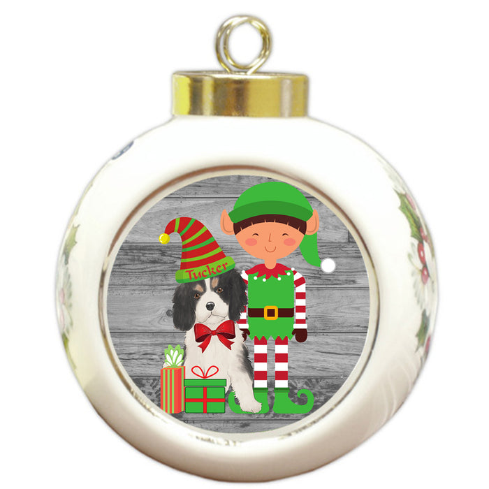 Custom Personalized Cavalier King Charles Spaniel Dog Elfie and Presents Christmas Round Ball Ornament