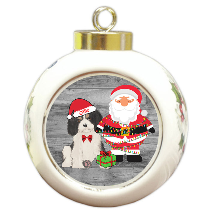 Custom Personalized Cavalier King Charles Spaniel Dog With Santa Wrapped in Light Christmas Round Ball Ornament