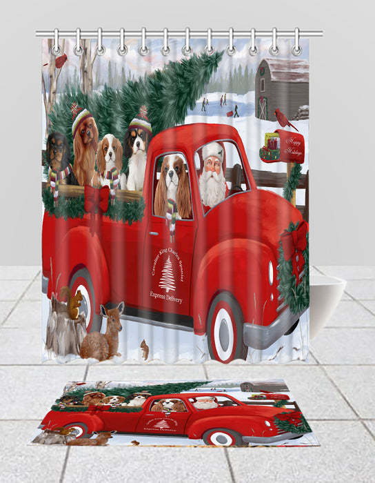 Christmas Santa Express Delivery Red Truck Cavalier King Charles Spaniel Dogs Bath Mat and Shower Curtain Combo