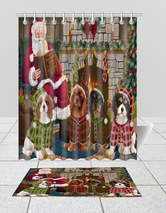 Christmas Cozy Holiday Fire Tails Cavalier King Charles Spaniel Dogs Bath Mat and Shower Curtain Combo