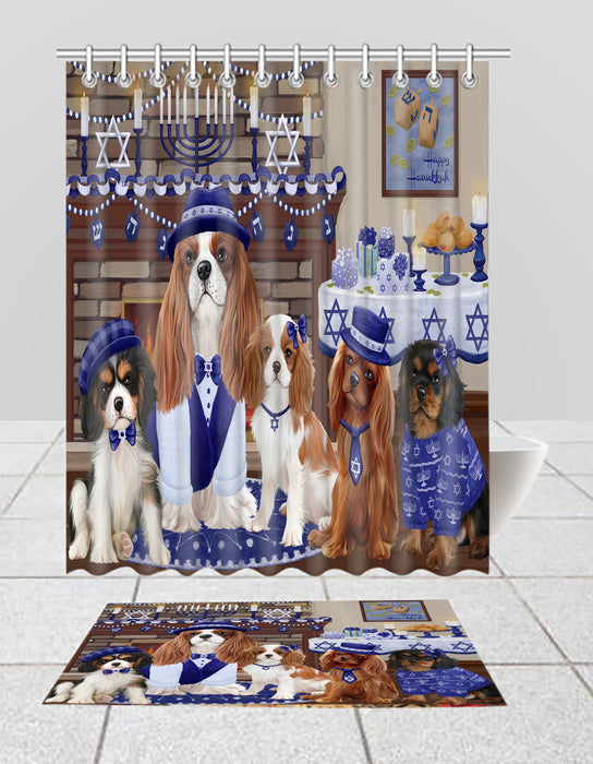 Happy Hanukkah Family Cavalier King Charles Spaniel Dogs Bath Mat and Shower Curtain Combo